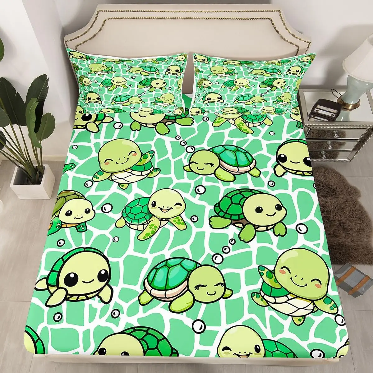 Sea Turtle Fitted Sheet with Deep Pocket Cartoon Ocean Animal Bed Sheet Set Twin King Reptile Tortoise Bed Cover (No Flat Sheet)