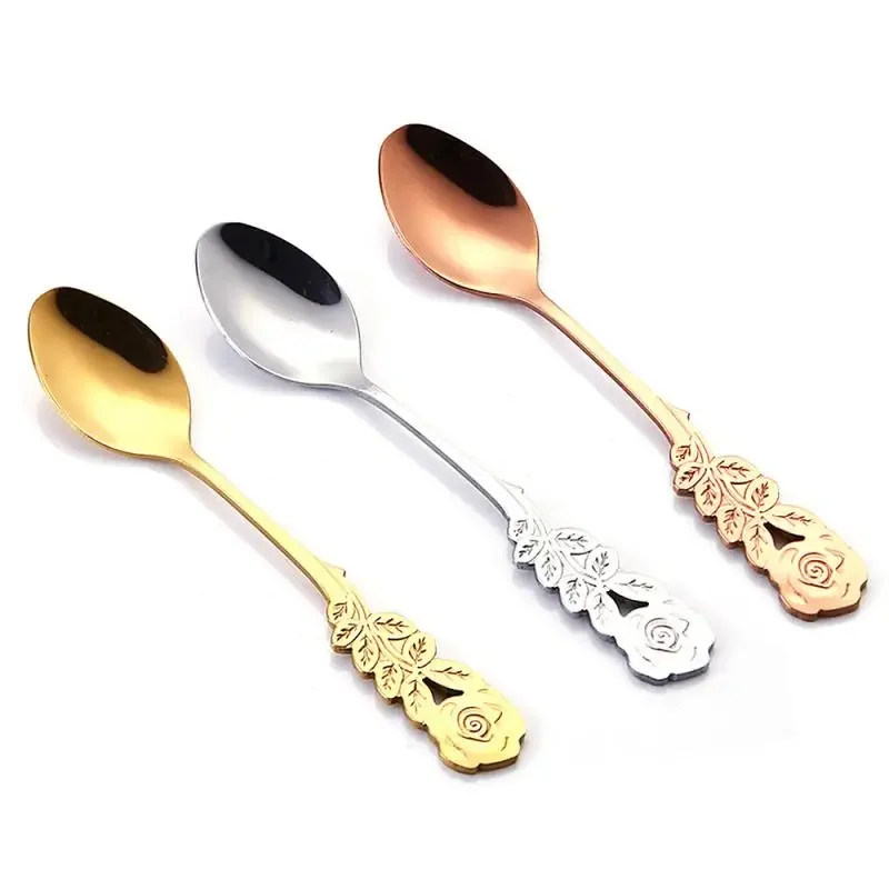 Tea Spoon Long Handle Coffee Scoop Plated Rose Teaspoon Ice Cream Dessert Spoons Sugar Stiring Spoon Kitchen Accessories