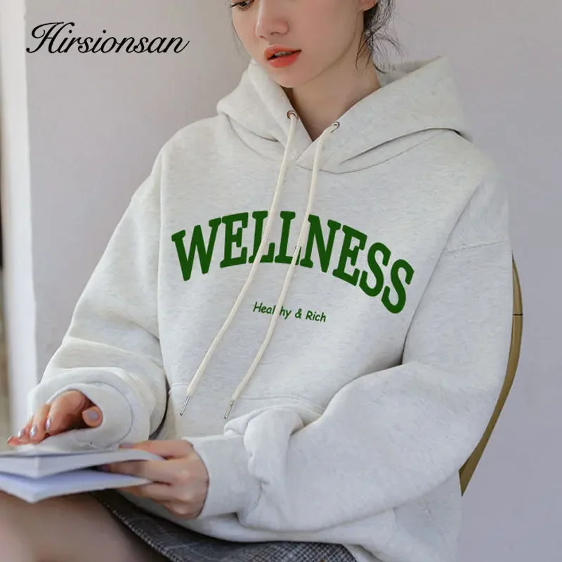 Hirsionsan Letter Print Women Sweatshirt 2023 New Warm Full Sleeve Hoodies Ladies Streetwear Winter Pullovers Loose Clothes