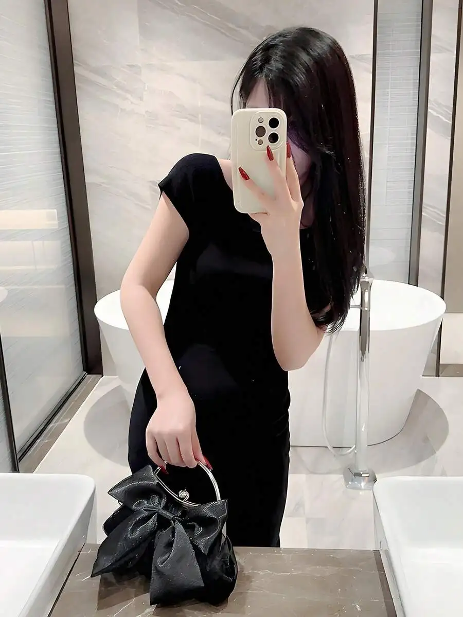Luxury Black Glitter Clutch With Oversized Bow And Metal Ring Handle For Evening Wedding Party Formal Events