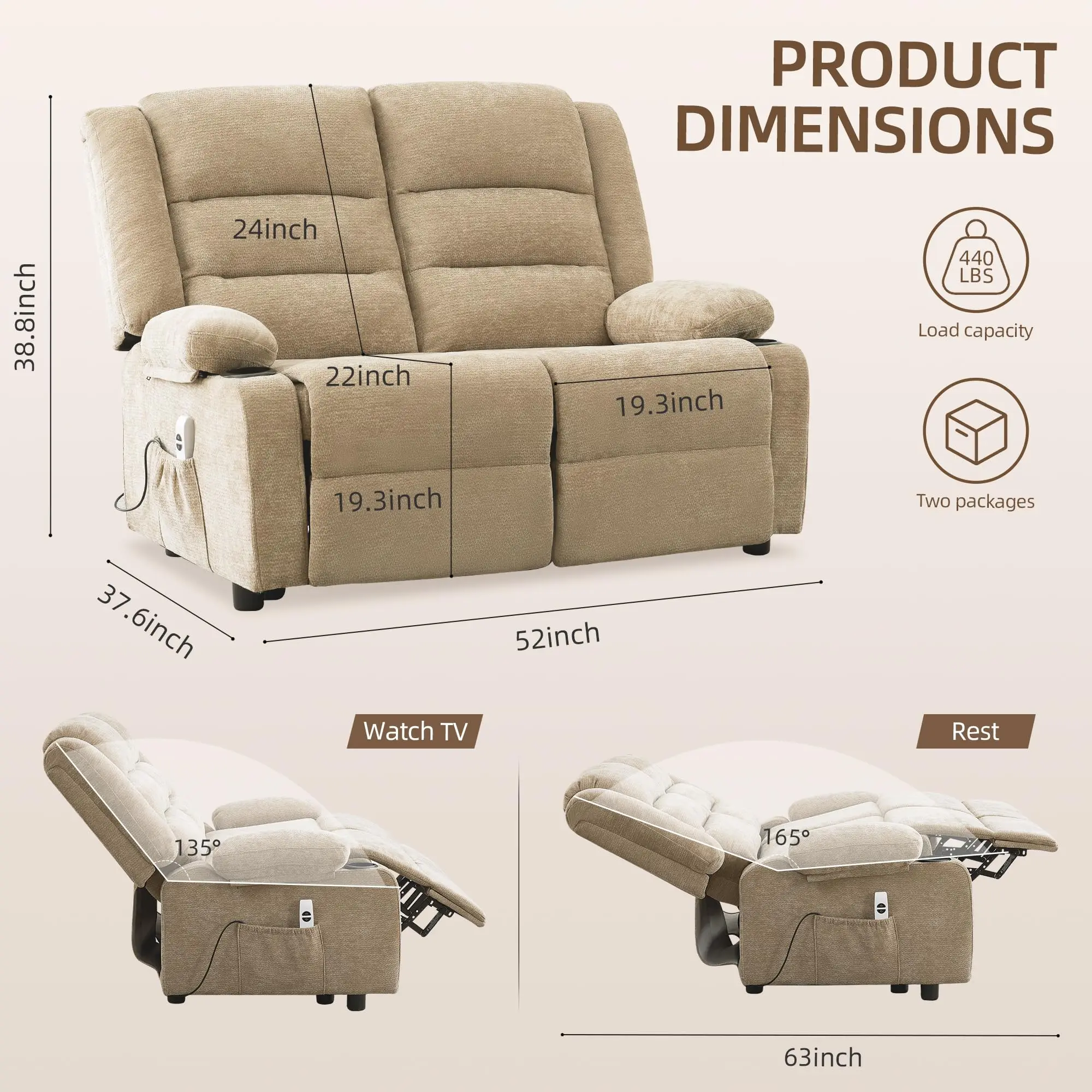 52Inch Power Loveseat Recliner,Adjustable Reclining Loveseat,Brown