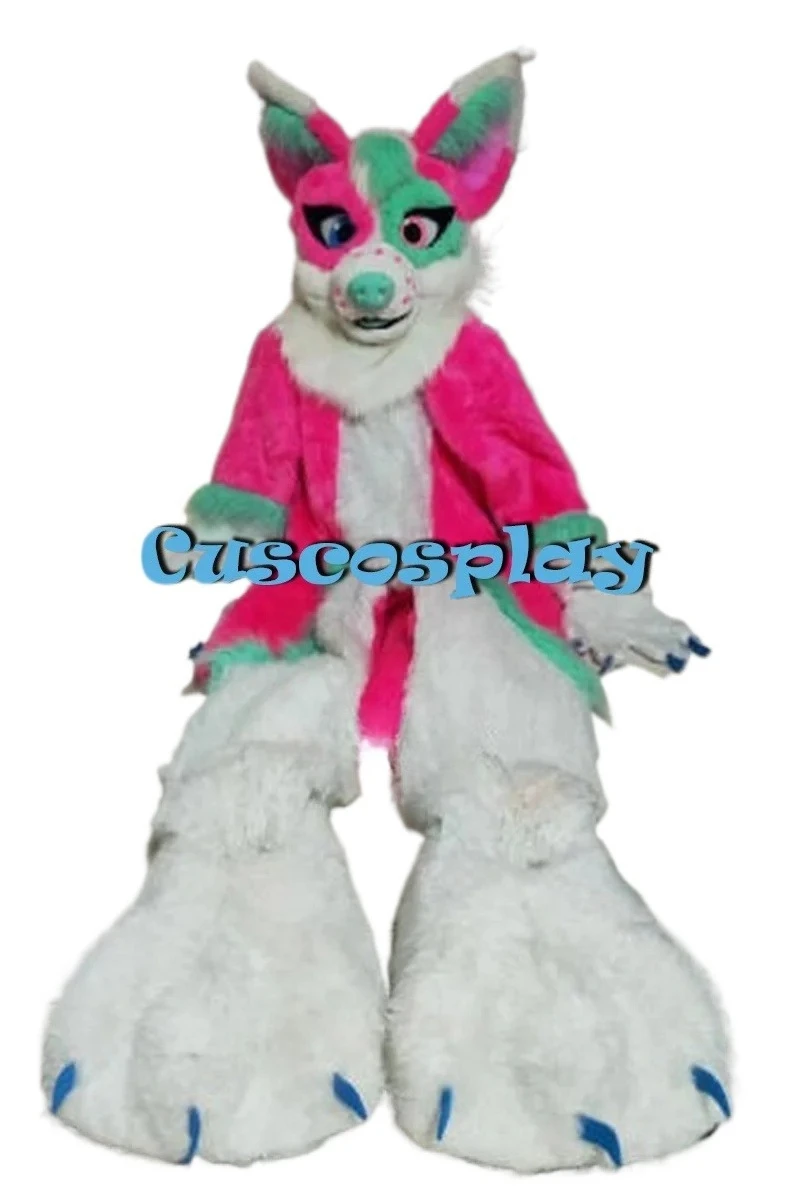 

Pink White Long Fur Furry Husky Dog Mascot Costume Wolf Fox Fursuit Adult Cartoon Character Furry Suits Role Play Fancy Outfits