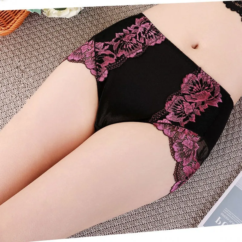 Plus size Floral embroidery Women Panties High waist Female Sexy Lace Briefs Cotton Crotch Soft Smooth Underpants