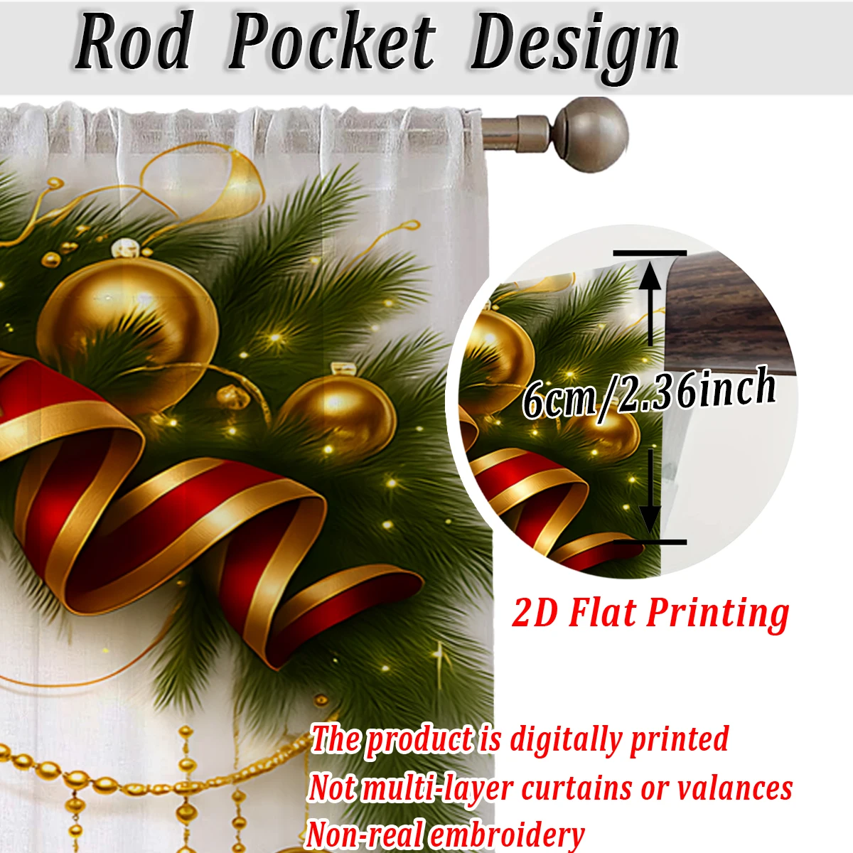 Christmas Flat Printing Kitchen Sheer Curtain with Merry Christmas Bow Ball Pine Branch For Christmas Home Decor  Party