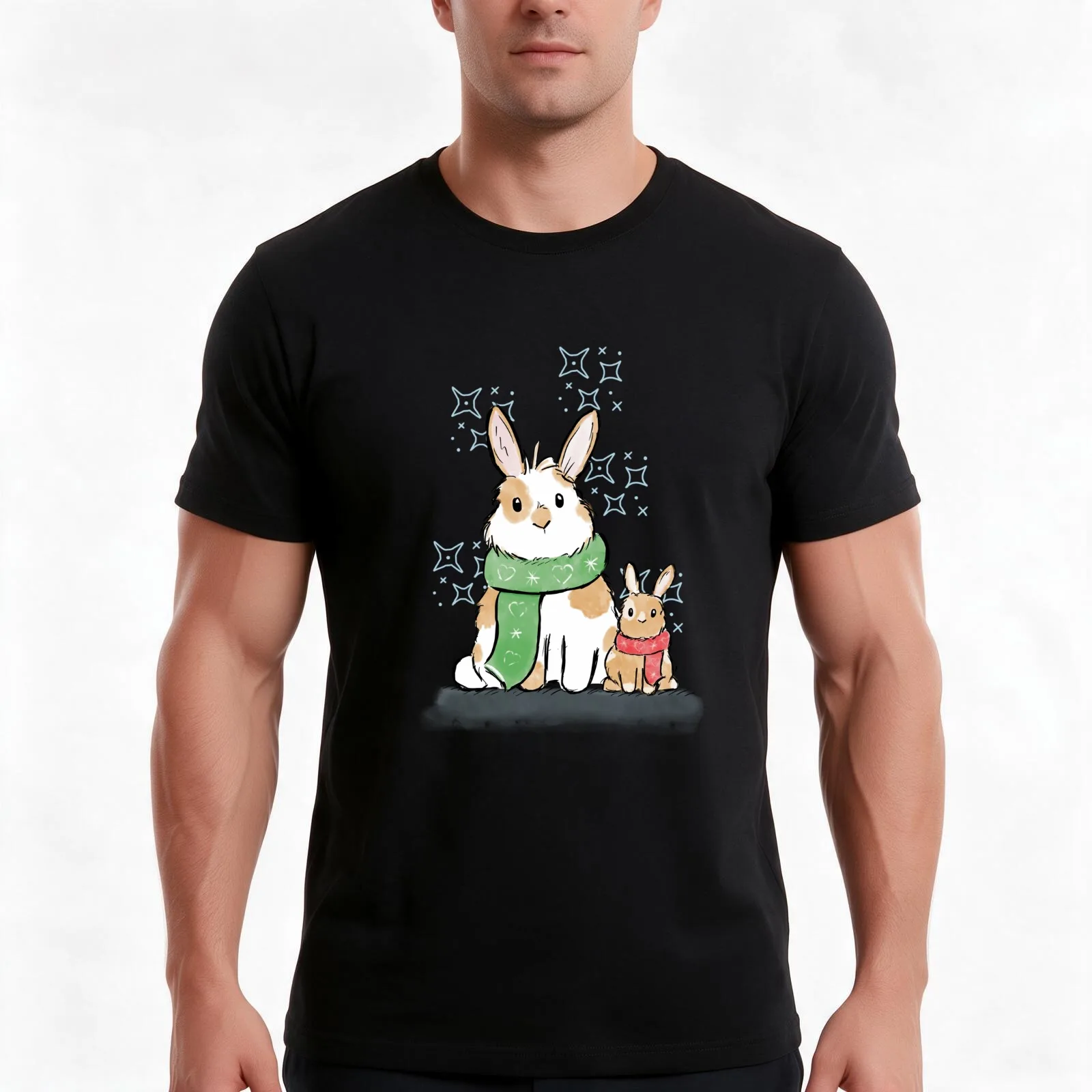 Christmas bunny pals T-Shirt, Summer Casual Cotton Tee, Oversized Streetwear Tops, Vintage Graphic Print, Loose Fit Short Sleeve