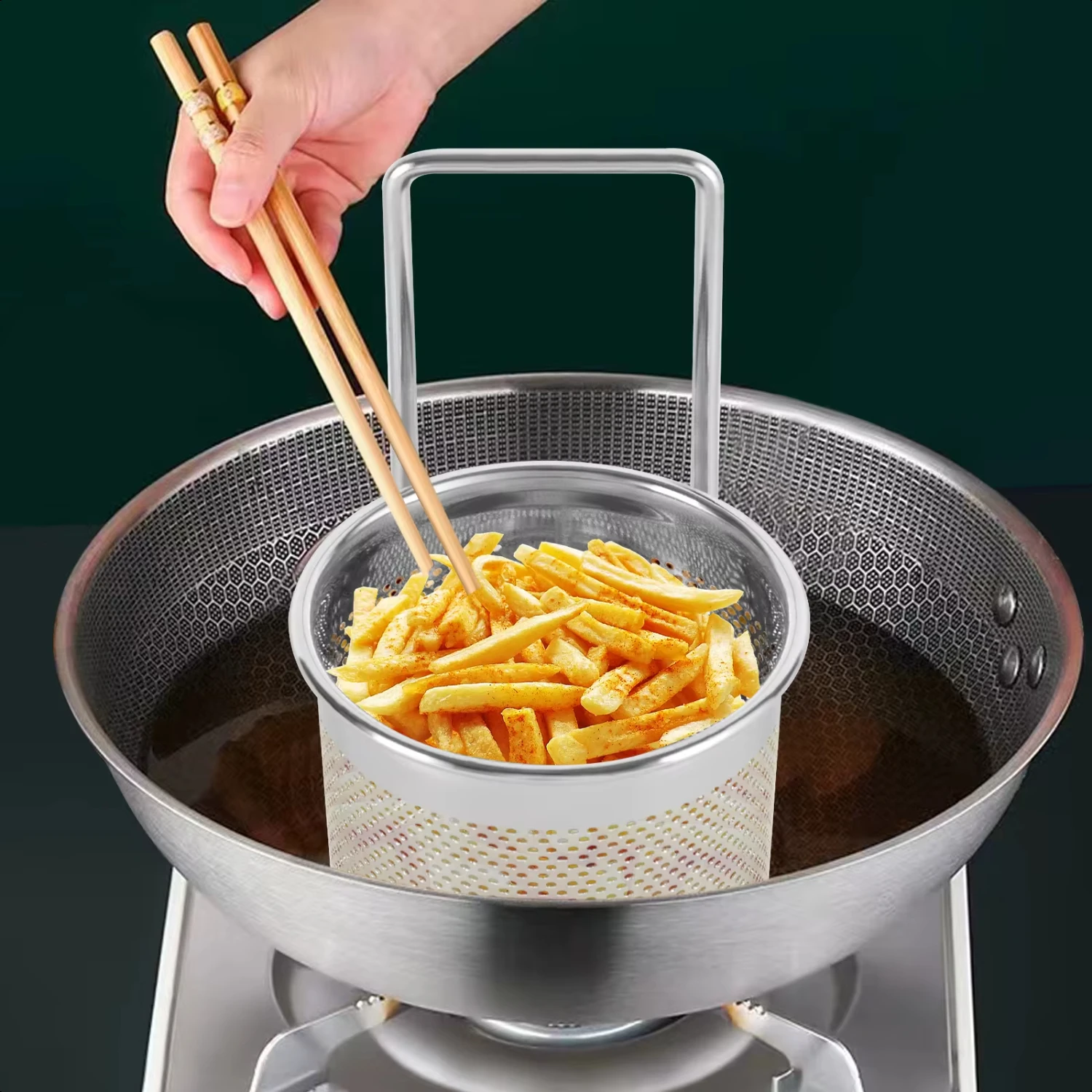 Stainless Steel Hot Pot Mesh Net Basket Hanging Noodle Strainer with Handle