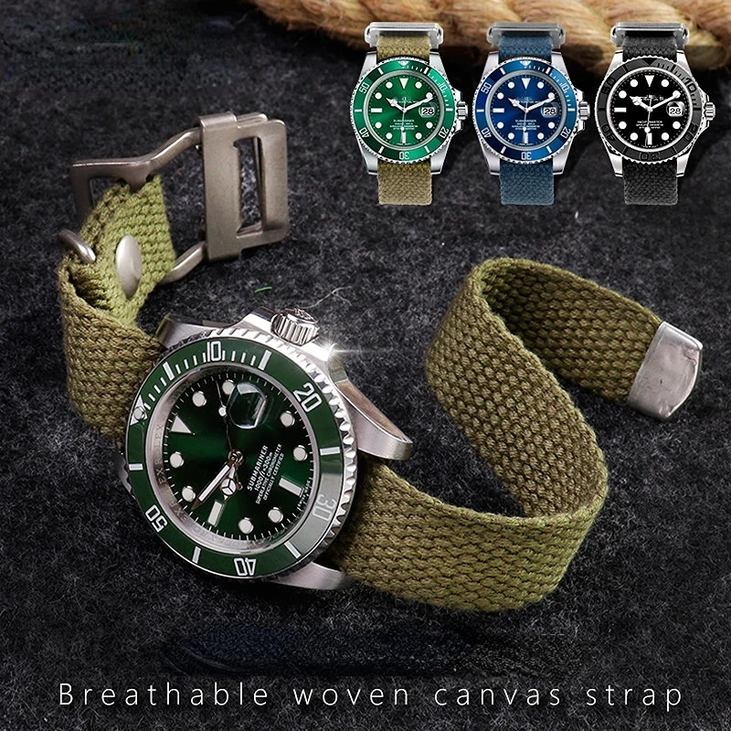 Vintage Breathable canvas watch strap For Rolex Black green water ghost Hamilton Seiko tudor 20mm 22mm Men\'s Braid Fabric Bands