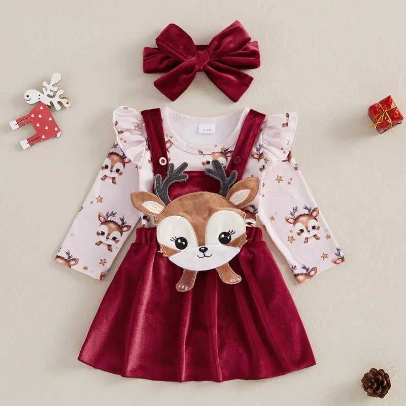 Baby Girl Christmas Outfits Newborn Reindeer Print Long Sleeve Bodysuit with Overalls Skirt and Headband Clothes Set