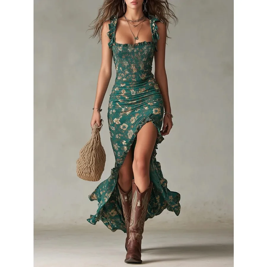 

【Новый стиль】2026. Летнее платье в пасторальном стиле с мелким цветочным принтом, приталенное, с эффектом стройности, с широкой юбкой и бретелями.