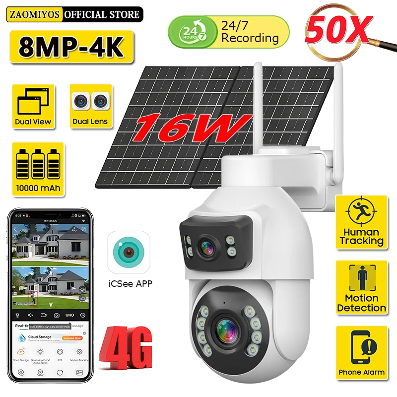 

4G SIM Solar Camera AOV 24/7 Recording Home Outdoor Surveillance 50X Zoom CCTV Cam Built-in Battery Security Auto Tracking ICSee