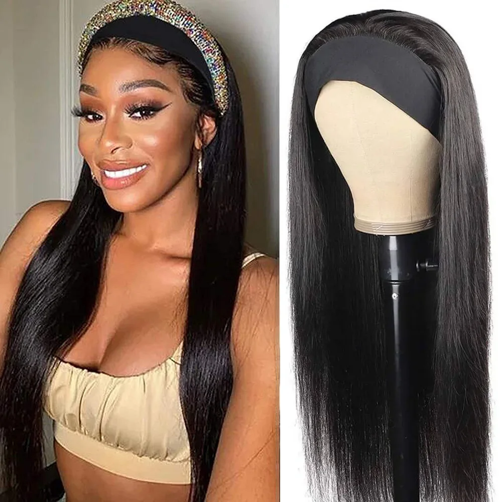 Peluca de cabello humano liso para mujeres negras, pelo peruano con diadema, hecho a máquina, fácil de llevar, 180%