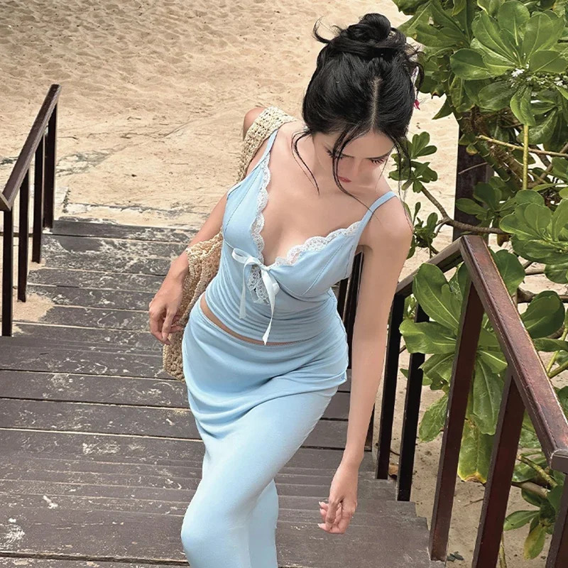 

Y2k Matching Suit Women’s 2 Piece Summer Outfits Lace Trim Sleeveless Tie Front Cami Crop Tops and Long Maxi Skirt Set Beachwear