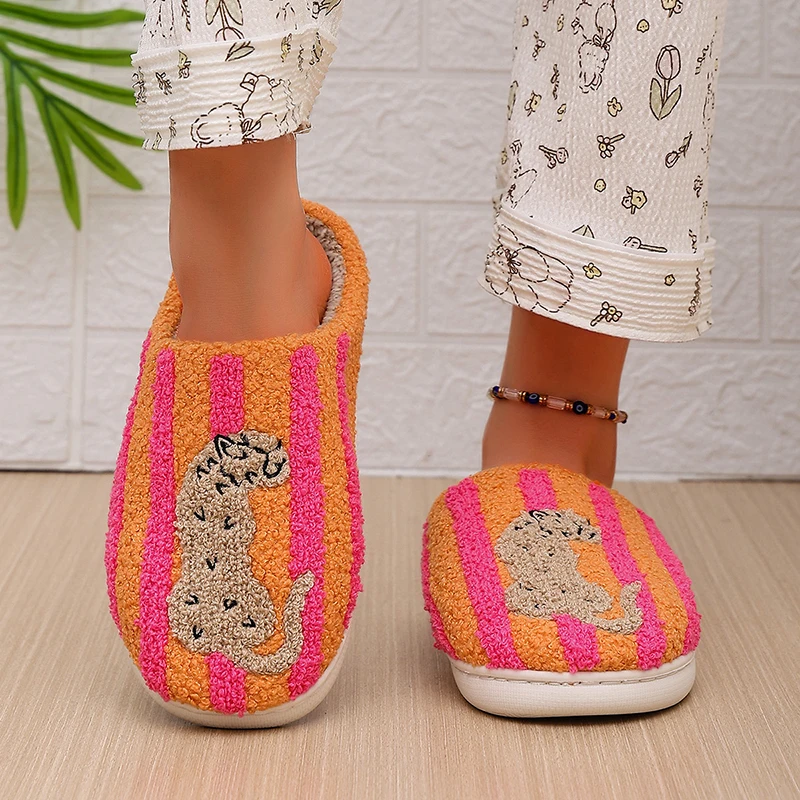 Gestreifte Leoparden-Plüsch-Hausschuhe für Damen, Winter, Innenbereich, rutschfest, bedruckt, Plüschschuhe, Paar, flauschige Fell-Slides, Unisex, Geschenkidee für Feiertage – Detail 3