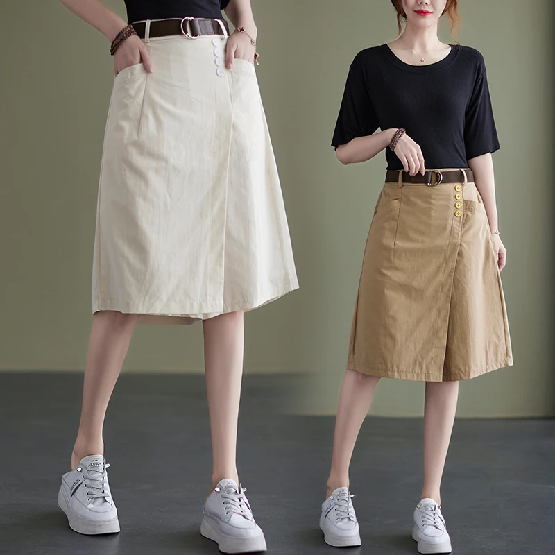 

Casual High Waist Belted Loose Wide Leg Pants One Step Skirt Color Design Artistic Versatile plus Size Cotton A-Line Skirt