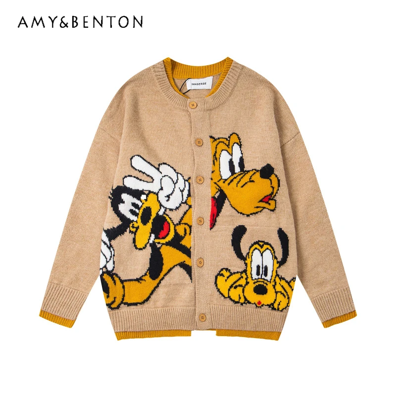 

Fun Cartoon Cardigan Fake Two-Piece Knitted Jacket 2025 Autumn Winter American Style Retro Unisex Loose Fit Top Sweater Jaquetas