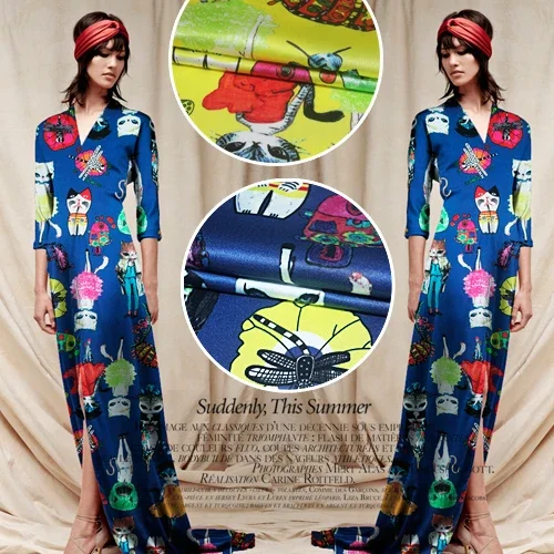 Digital Printing kitty stretch silk fabric high-grade clothing cloth diy sewing by the meter