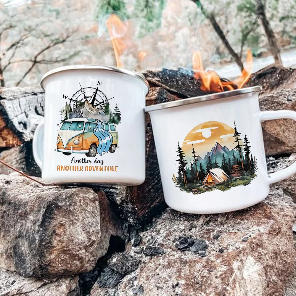 Adventure Day Caravan Printed Camper Mugs Camping Enamel Mug Campfire Party Beer Juice Cup Mountain Handle Cups Gifts for Camper