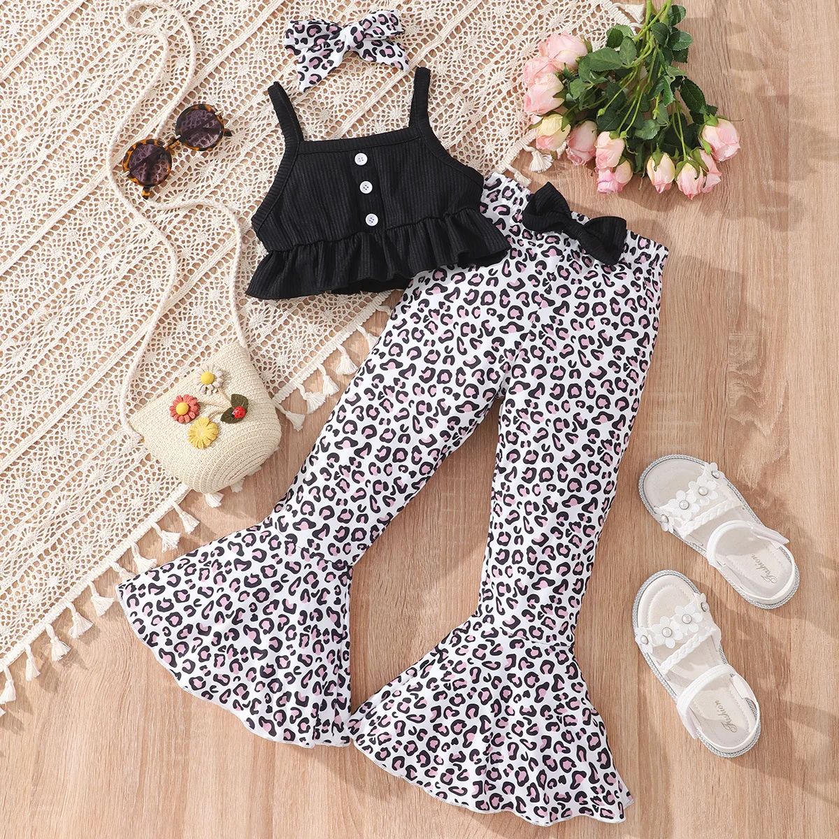 

New Kids Girls Summer Clothes Outfits Cool Fashion Sleeveless Tank Tops Buttons + Leopard Bell-bottoms Pants 3 PCS Sets for 1-7Y