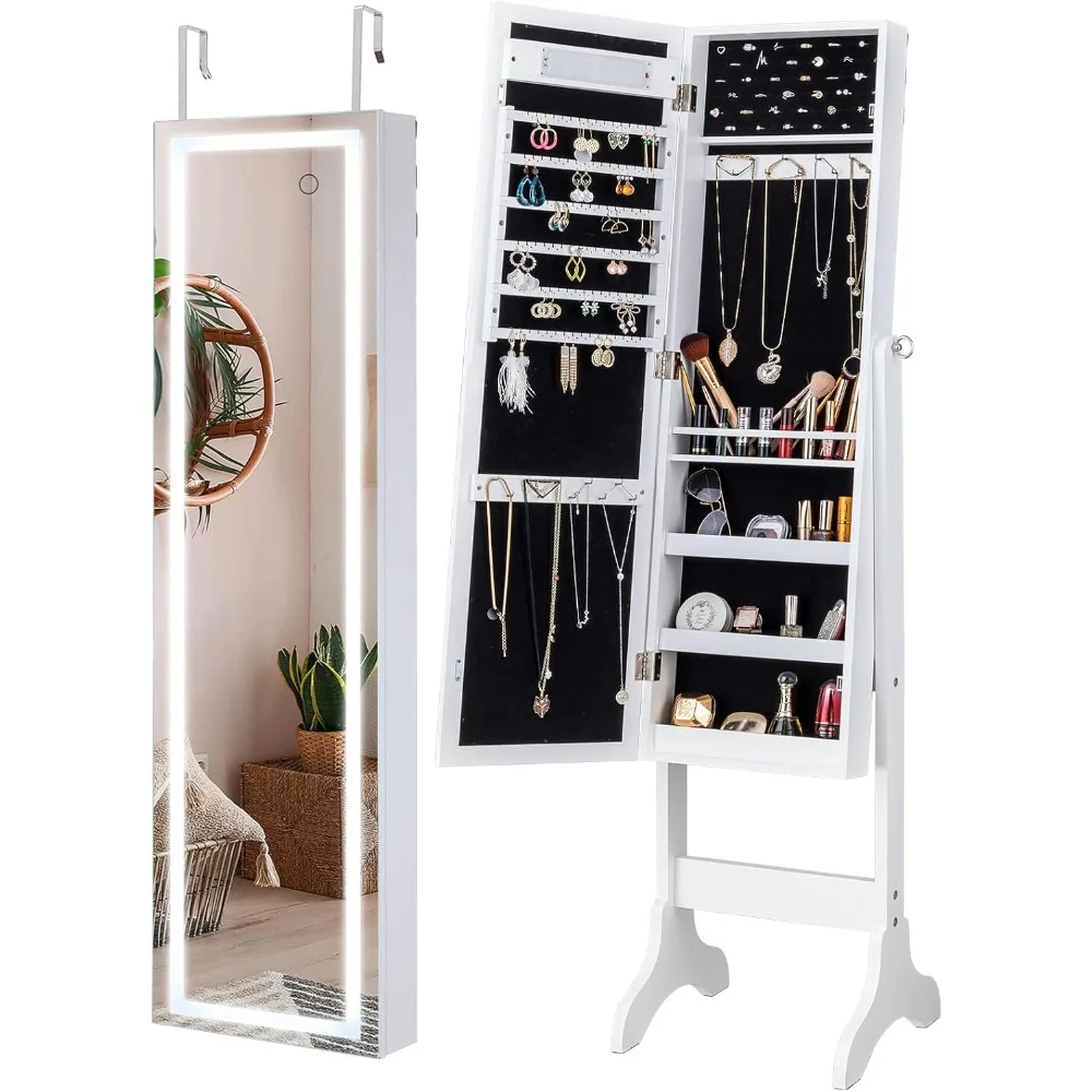 

LED Mirror Jewelry Cabinet Standing Jewelry Armoire, Full Length Mirror with storage, Lockable Organizer Mirror