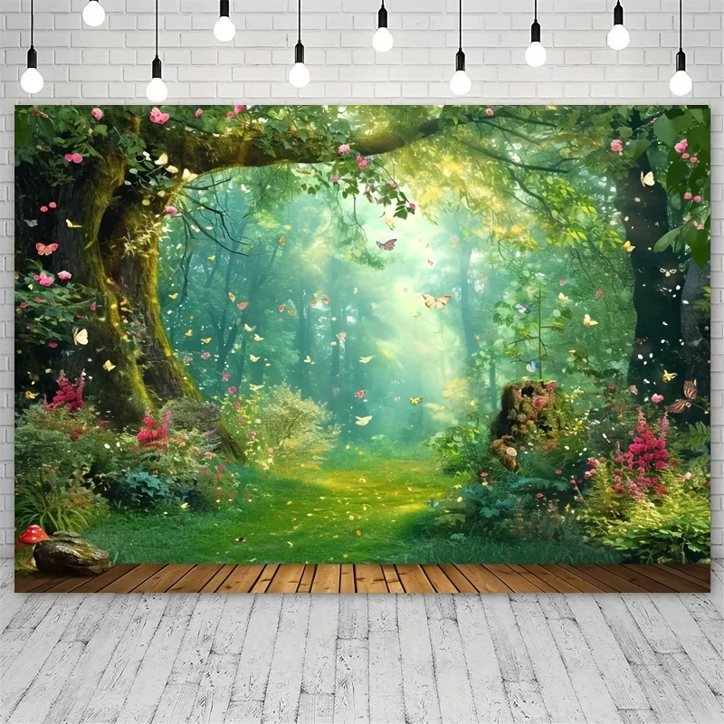 Fairy tale fairyland mushroom flower butterfly background, party decoration portrait banner, photo booth props