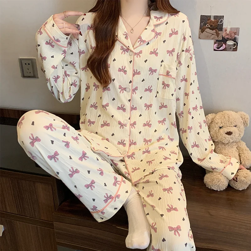 بيجامة بأكمام طويلة على الطراز الكوري للنساء، سراويل ربيعية بربطة عنق، مجموعة ملابس تنحيف كسولة مناسبة للارتداء في الهواء الطلق #6