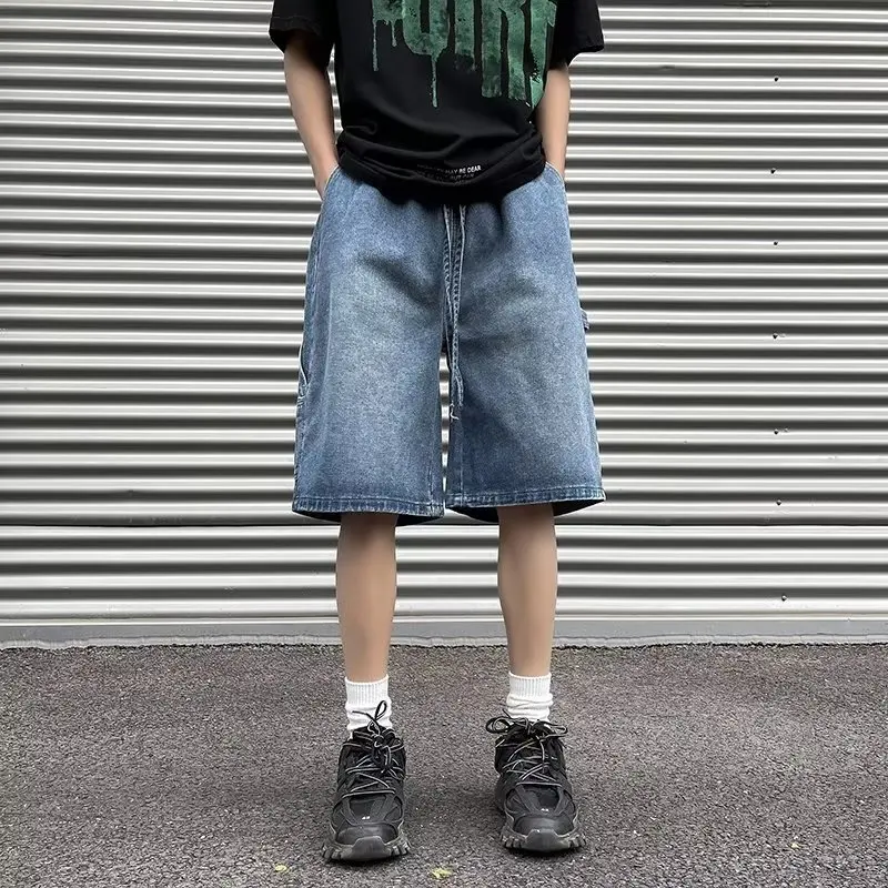 

Men's Fashion Drawstring Elastic Waist Denim Shorts Casual Straight Loose Fit Hip-Hop Five-Point Jeans Shorts
