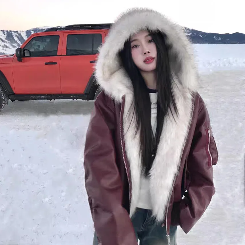 امرأة كبيرة فو الثعلب الفراء مقنعين طوق فو سترة جلدية سميكة فرو المنك تقسم بولي Coat معطف القطن اصطف سحابات سترة القمم