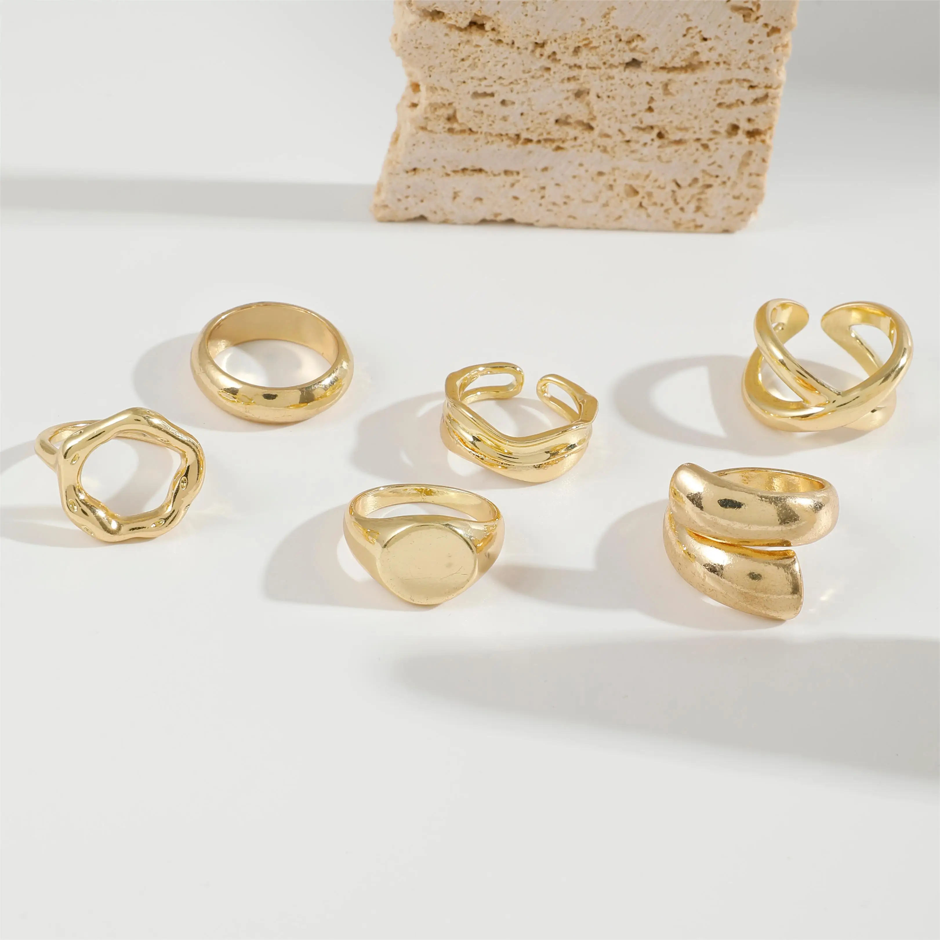 Tocona Fashion Gold Color Lrregular Intersect Ring Sets for Women Classic Smooth Wave Finger Rings Party Jewelry 6pc/set
