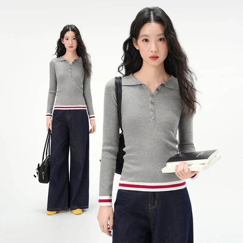 Camisa polo coreana com emenda de cor contrastante, camisa de malha de manga comprida para mulheres na primavera e no outono, top slim fit abotoado