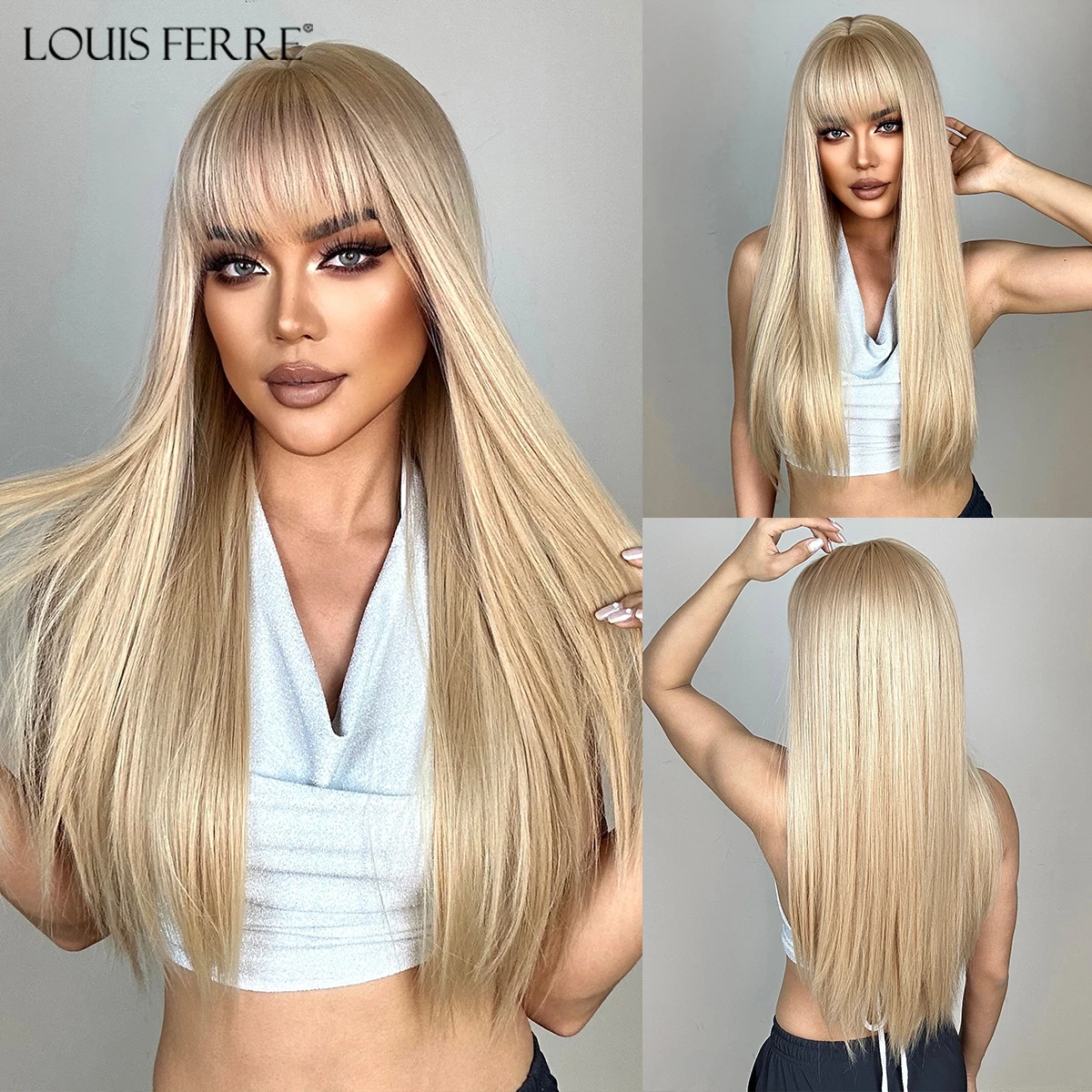 

LOUIS FERRE Blonde Golden Synthetic Wigs for White Women Long Straight Wig With Bangs Heat Resistant Daiy Cosplay Natural Hair