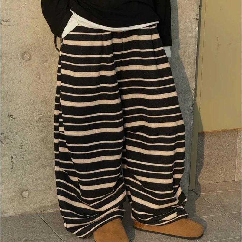 

2025 Autumn New Children's Soft Glutinous Cotton Contrast Striped Loose Warm Pants