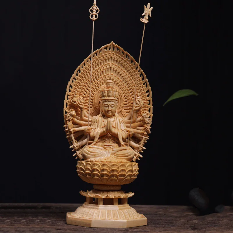 Wood Carved Thousand-Handed Avalokiteshvara (Guanyin) Figurine - 28cm High, Lotus Flower Base, Home Altar Decor