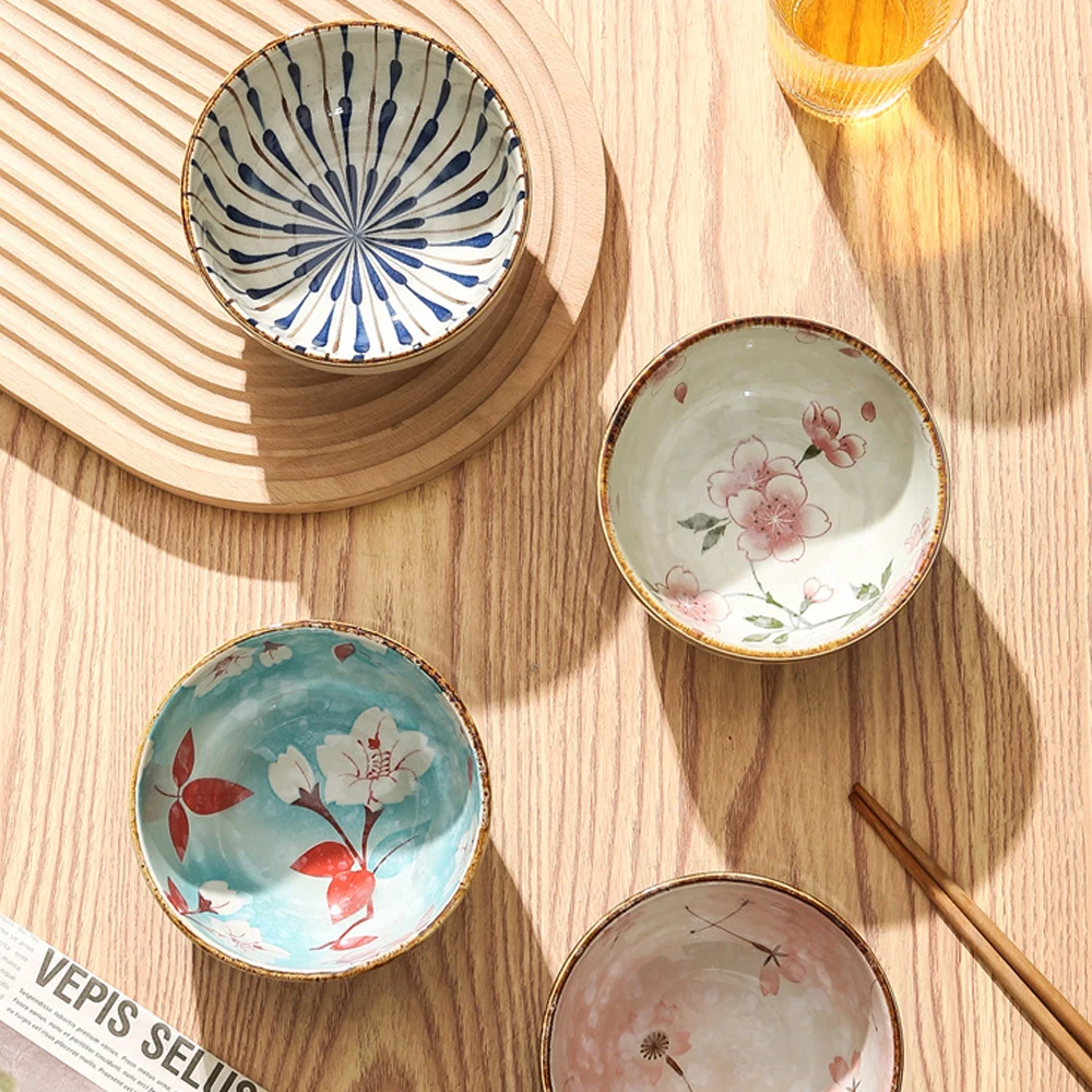 Japanese Style Cherry Blossom Ceramic Bowls Set Rice Snacks Sauces Bowl Kawaii Tableware Kitchen