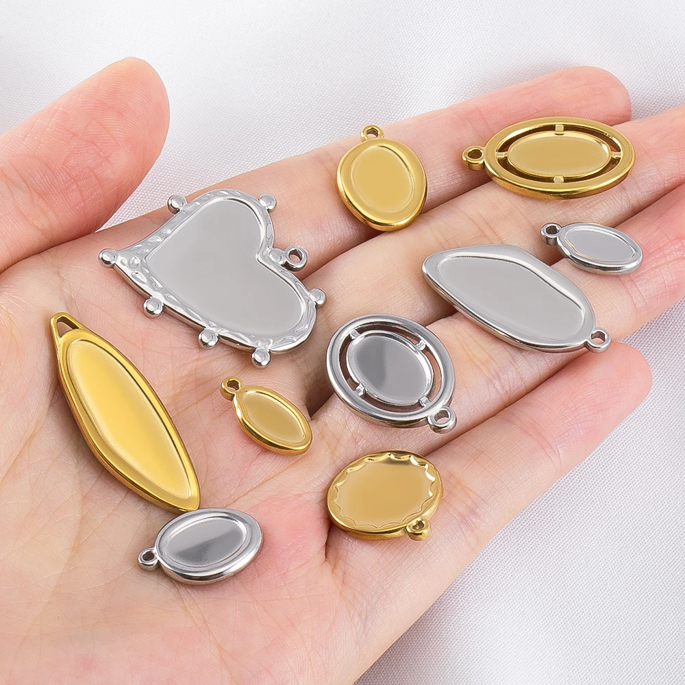 5pcs 18K Stainless Steel Oval Moon Frames Blank Bezel DIY Earrings Geometric Heart Pendant Base Charm Necklace Jewelry Making image 5