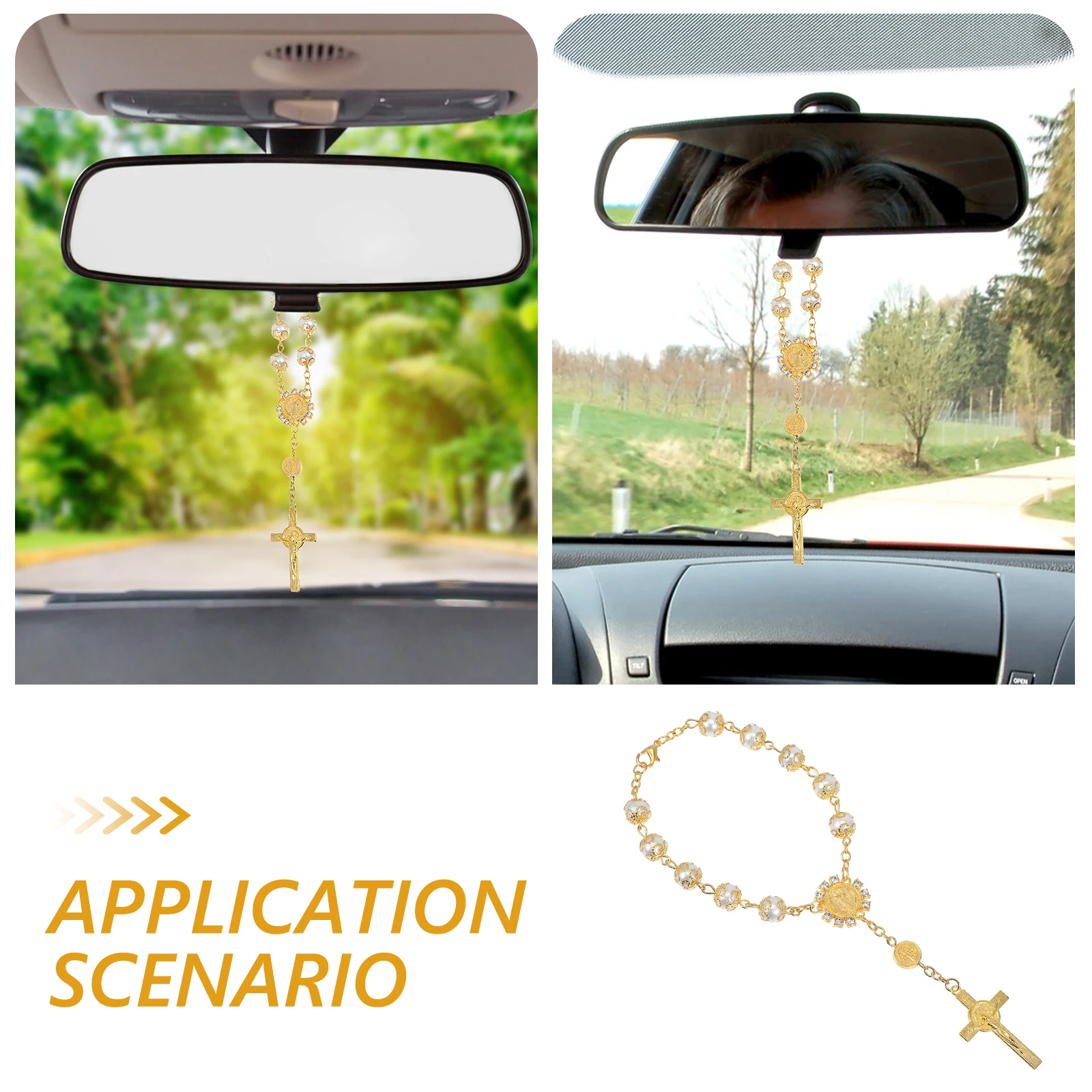 

Silver Pearl Pendant Car Cross Hanging Decorations Rhinestone Edge Rearview Mirror Charms for Automotive Accessories Elegant