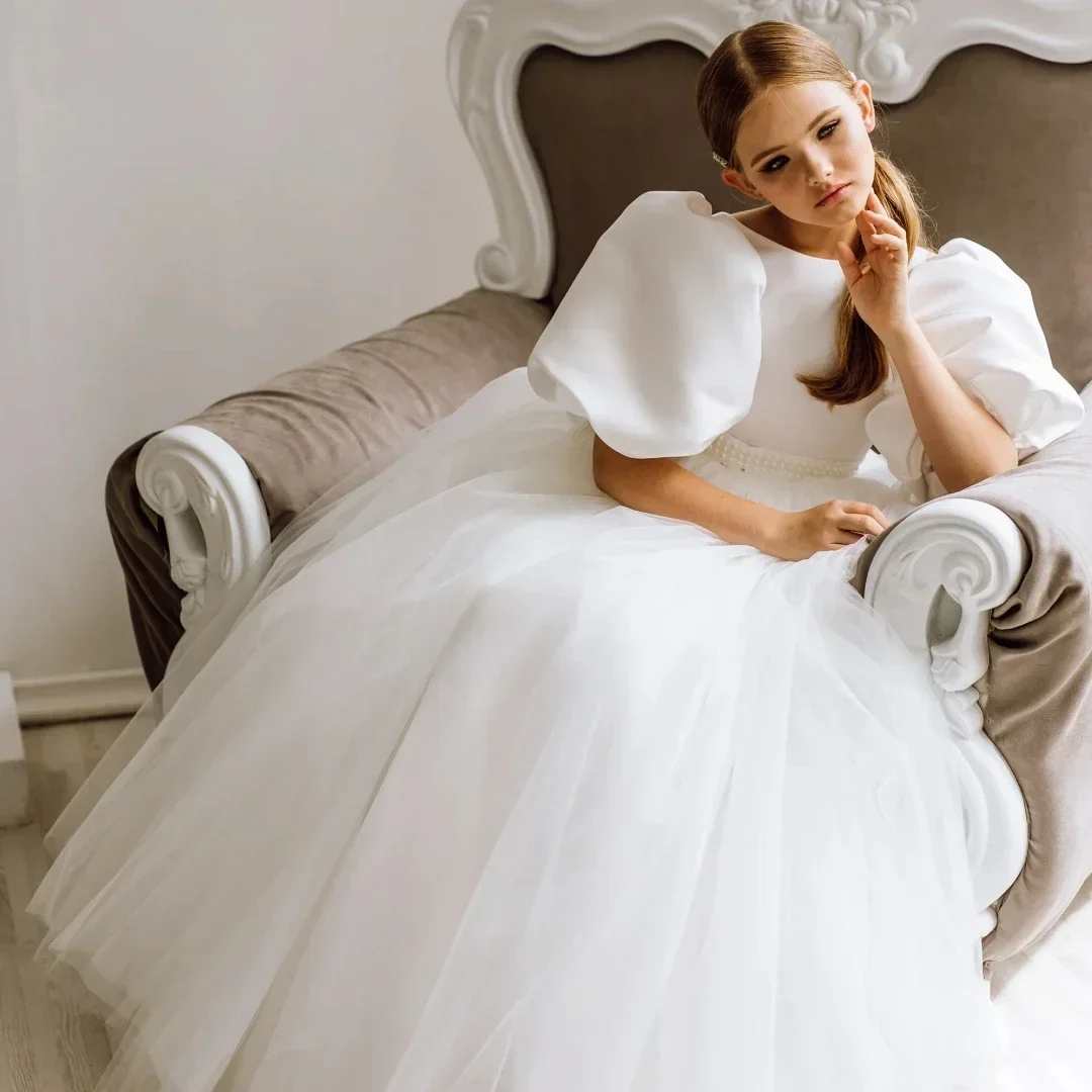 Customized Flower Girl Dress White Pearls With Bow Short Sleeve For Wedding Birthday Party Holy Communion Banquet Princess Gown