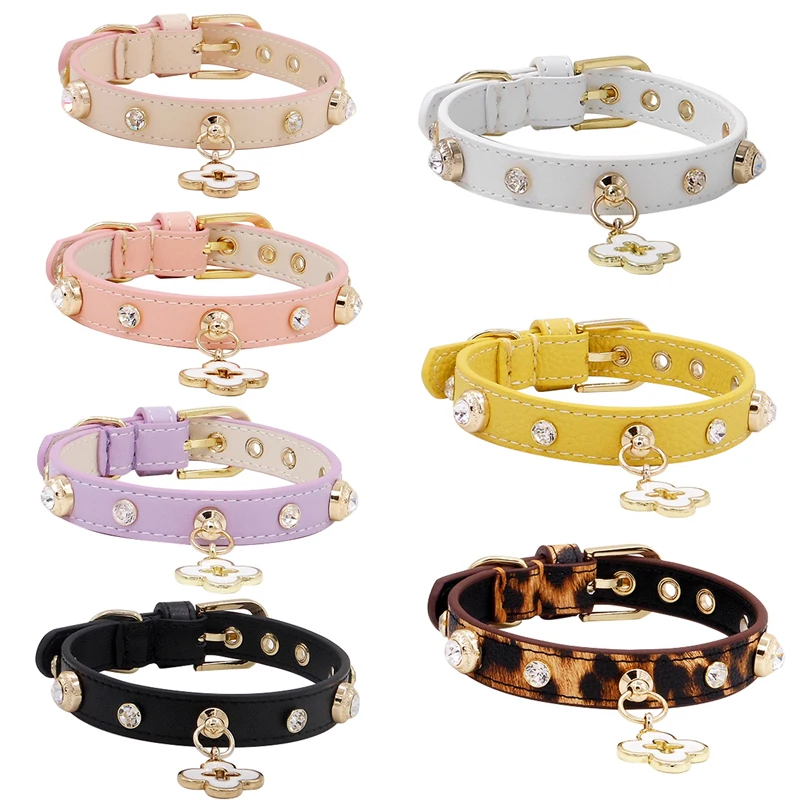 Puppy Dog Collar  Czech Rhinestone  Genuiner Leather  Pet Collar Necklace High-end Pure Handmad Drop Shipping For Dogs