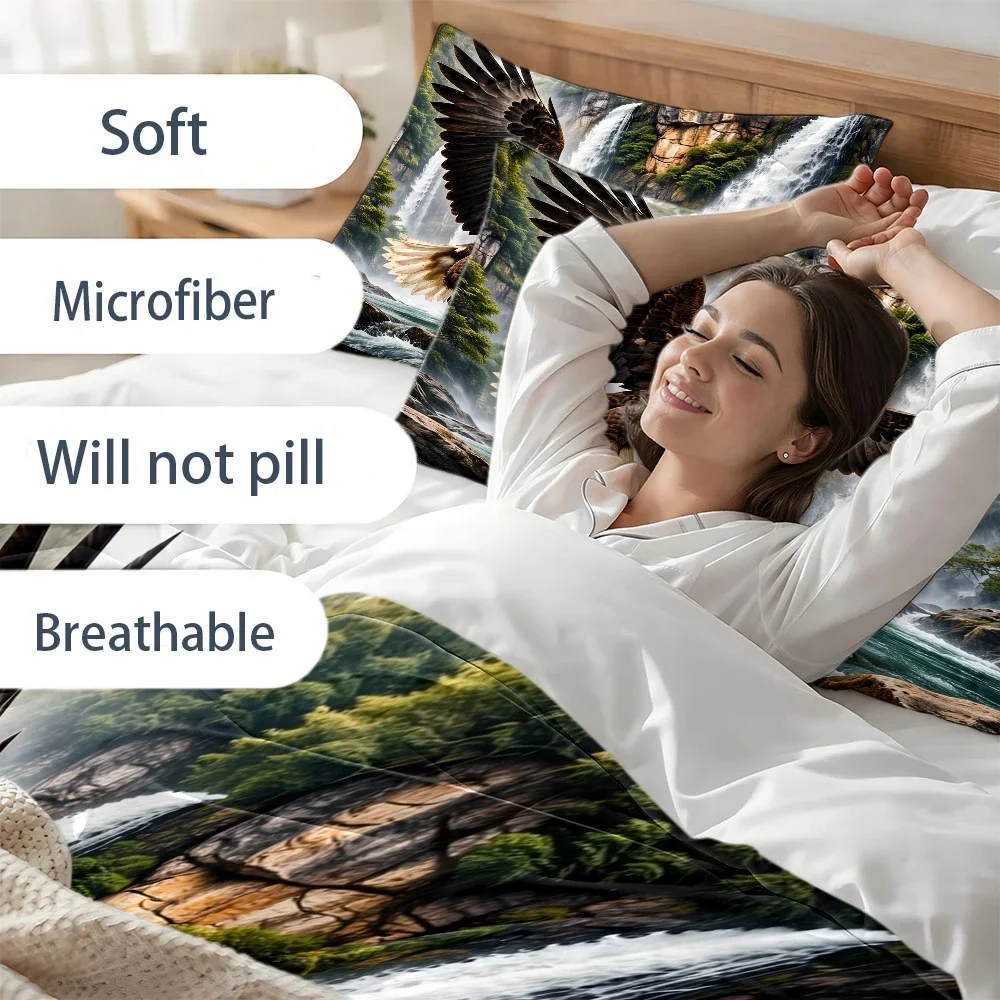 3Pc Natural Style Bald Eagle Waterfall Theme Duvet Cover Set, Three-Piece Bedding Set (1*Duvet Cover + 2*Pillowcases), Suitable for All Seasons, Machine Washable Bedding, Invisible Zipper Double Bed Cover, Suitable for Home, Dorm, Master Bedroom, Guest Room, Large Duvet Cover Set, Hot-Selling Skin-Friendly Breathable Bedding Set, American-Style Natural Landscape Printed Bedding Set, Wear-Resistant and Wrinkle-Resistant Bedroom Bedding, 2D Flat Print