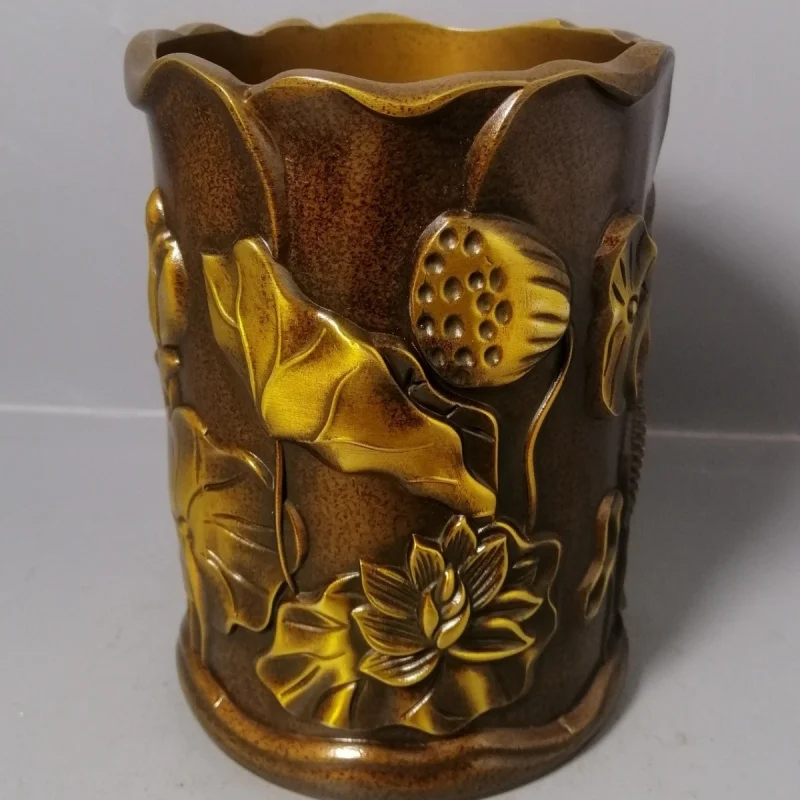 

Antique Bronze Collection Gilded Lotus Pen Holder Exquisite Craftsmanship Home Office Decoration Gifts