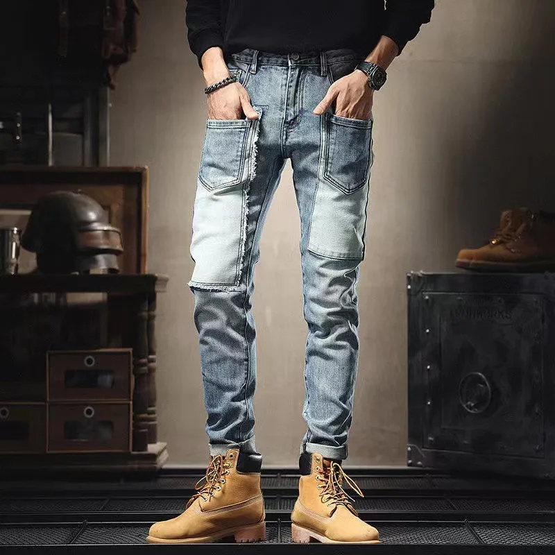 Men's Skinny Jeans, Youth Vitality, Male Streetwear, Denim Pencil Pants, Button Fly, Slim, Patch, Multi Pocket, Spring, Autumn