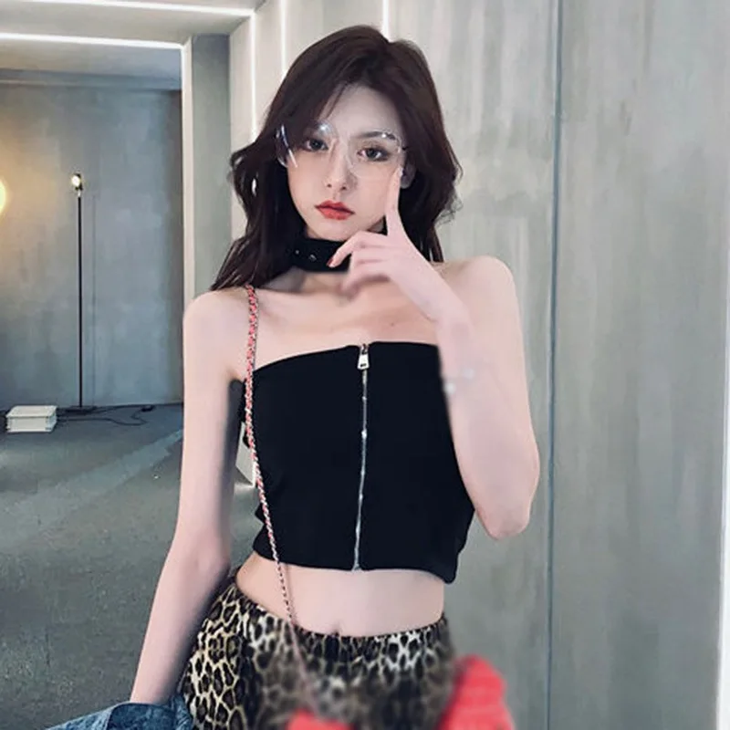 INS Korean Solid Color Zipper Halter Slim Sexy Exposed Navel Camisole Crop Top