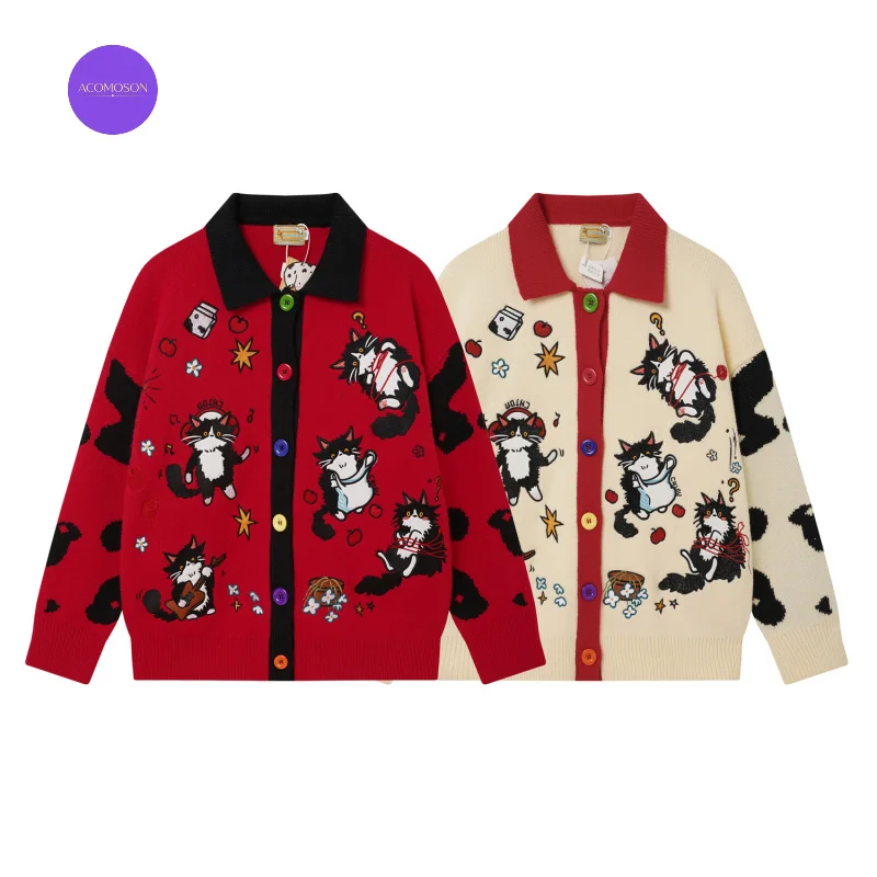 ACOMOSON EU US Size Retro Knit Cardigan With Cartoon Cat Appliqué Embroidery Loose-Fitting Sweater Jacket For Men Women