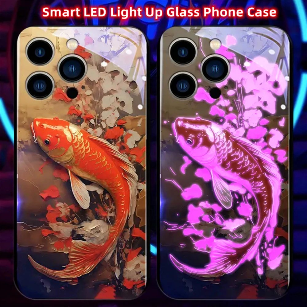 Lucky Koi Carp Fish Design Led Light Phone Case Call Flash Glitter Cover For iPhone Air 17 16 15 14 13 12 11 Pro Max Plus view 5