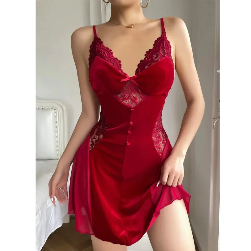 Sexy  Velvet Mesh Splicing Sling V-neck Fit And Flare Dress Elegant Pure Colour Temperament Girl Dew Shoulder Dresses New  NKGJ