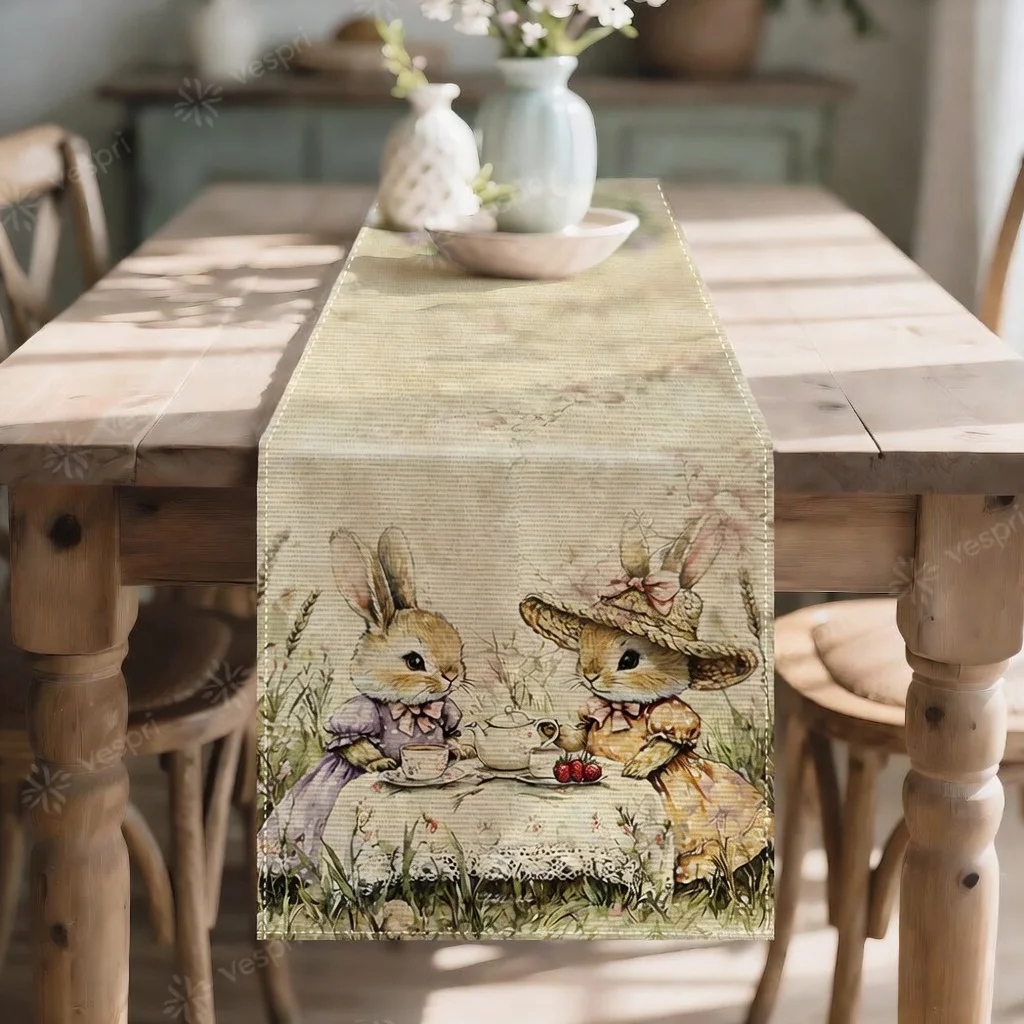 Beige-Weißer Vintage Oster-Tischläufer, Moderner Kunst-Häschen-Druck, Ideale Rechteckige Dekoration für Zuhause, Essen, Partys & Outdoor-Nutzung