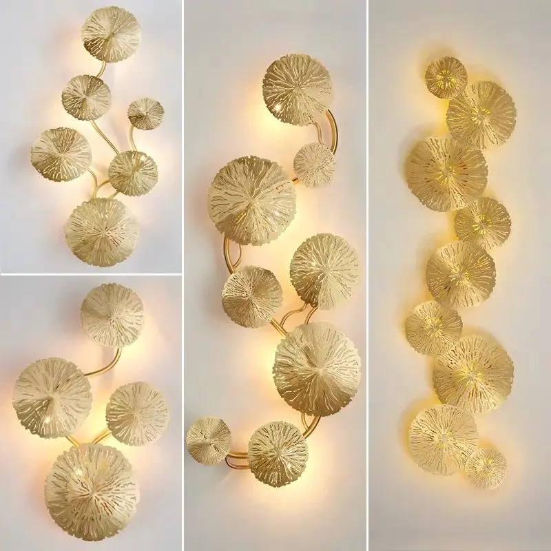 

Wall lamp no punching villa large wall lamp lotus leaf all copper lamp rechargeable bedroom living room background wall