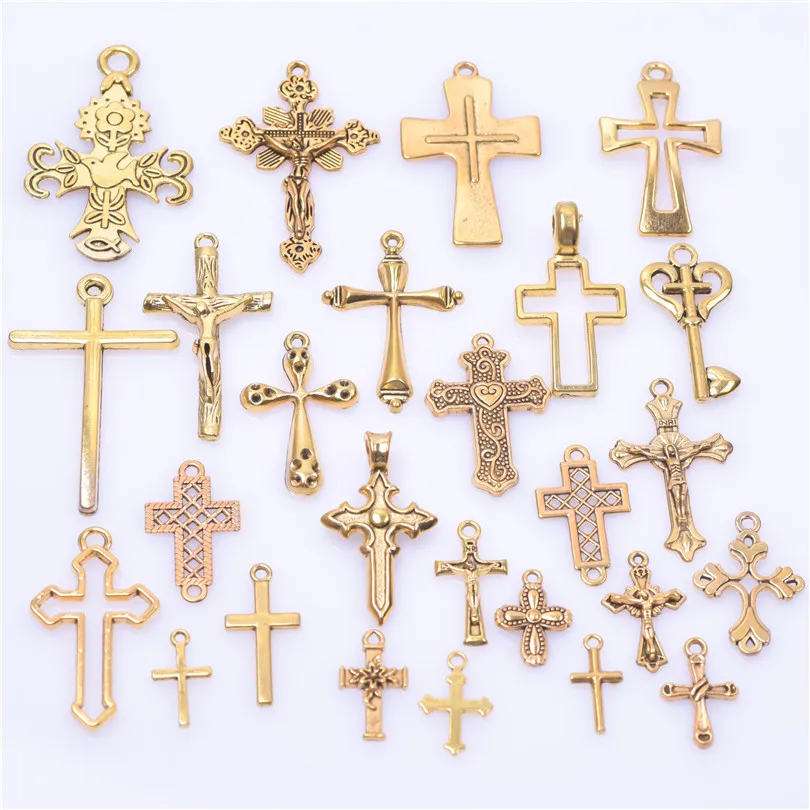 25pcs/lot Mix Gold Color Crosses Alloy Charm Pendant Accessories diy Jewelry Making Necklace Supplies Crafts Bulk cruz colgante