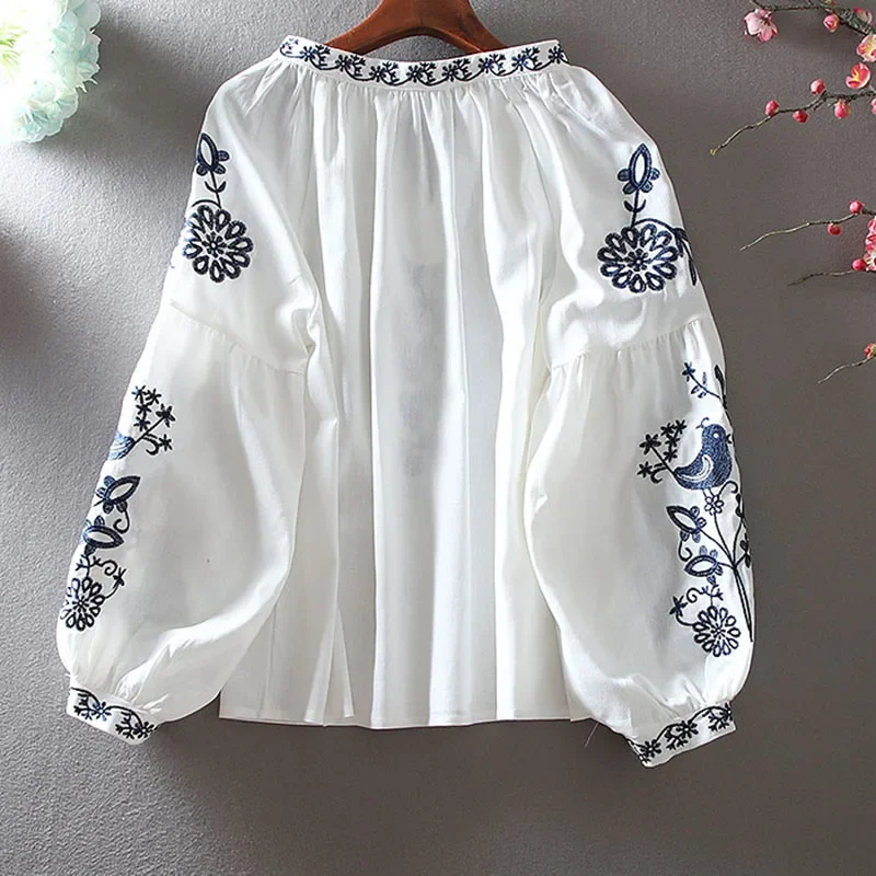 Women's Retro Blouse National Style Embroidered Lace-Up Tassel V-Neck Lantern Sleeve Tops Loose Casual Female Shirt A28
