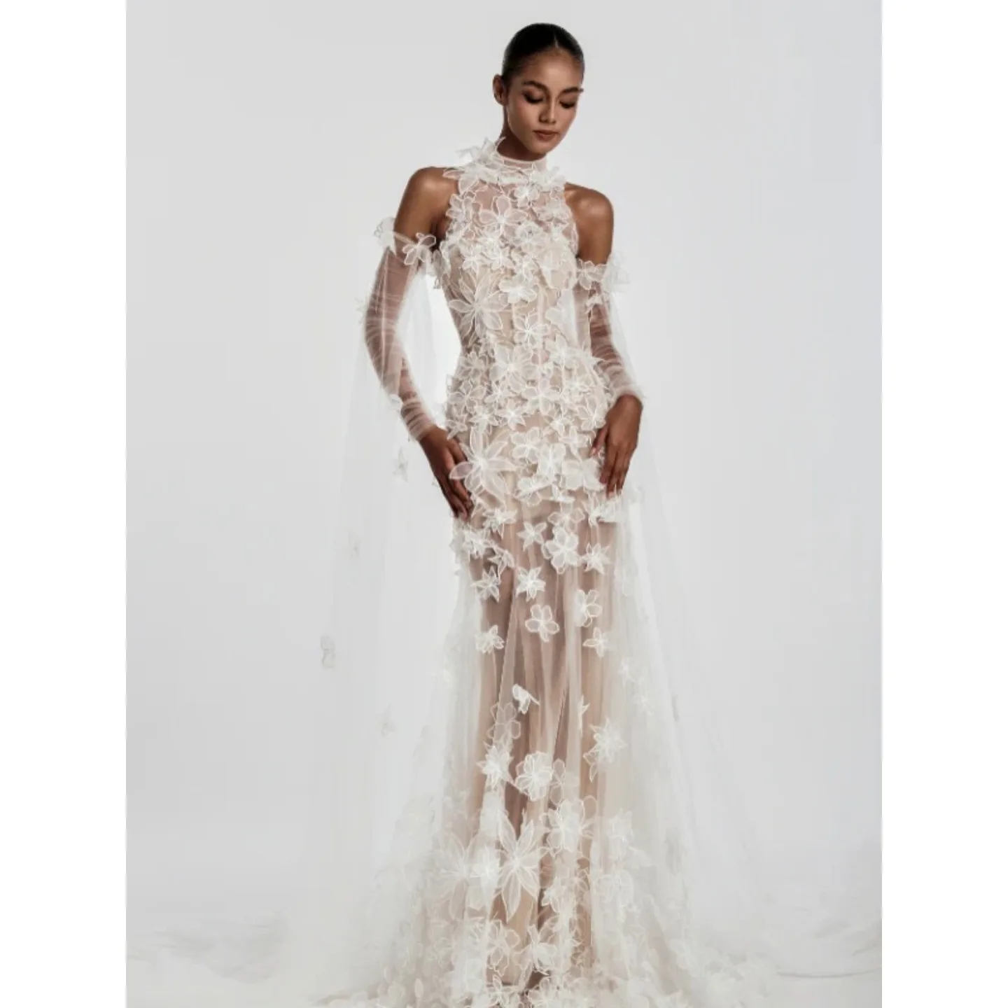 

Customized Luxury 3D Floral Appliques Sheer Mermaid Wedding Dress Off Shoulder Long Cape Sleeves Bridal Gown Vestidos De Novia