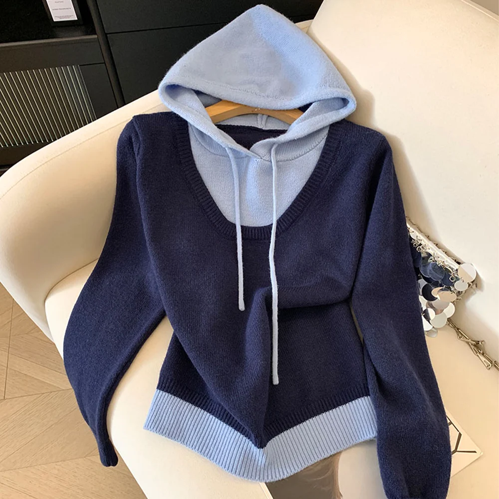 High-grade Color Blocking Pullovers Women Fake Two Pieces Hooded Sweater 2025 Preppy Style All-matched Knitwear Tops